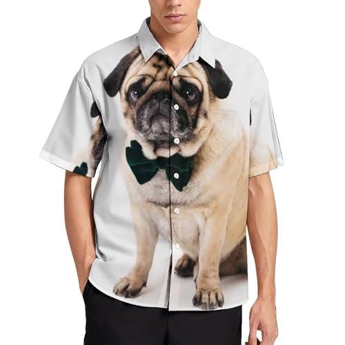 NYKVTG Mops Hund Herren Hemd Kurzarm Freizeithemd Herrenhemden Sommer Strand Hawaii Hemd Mit Tasche von NYKVTG