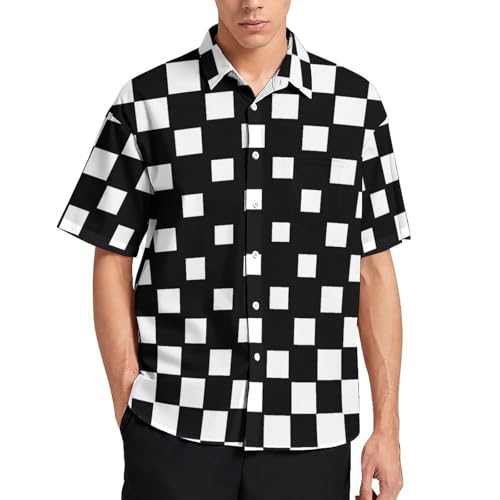 NYKVTG Schachbrett Herren Hemd Kurzarm Freizeithemd Herrenhemden Sommer Strand Hawaii Hemd Mit Tasche von NYKVTG
