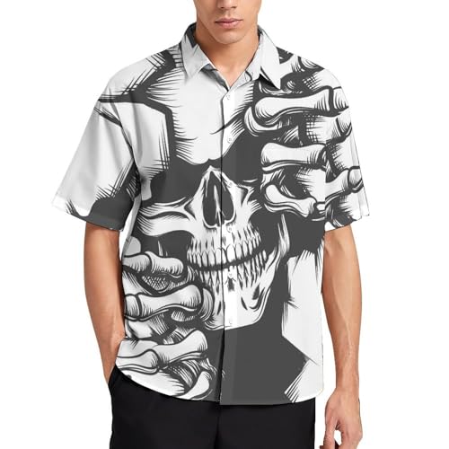 NYKVTG Schwarzer Weißer Totenkopf Herren Hemd Kurzarm Freizeithemd Herrenhemden Sommer Strand Hawaii Hemd Mit Tasche von NYKVTG