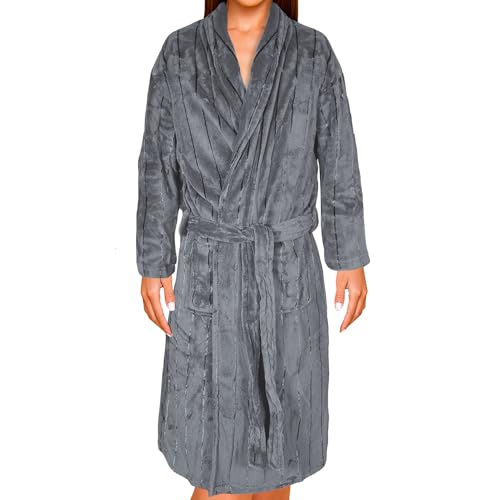 NYVI Bademantel Jacquard SuperSoft XL Grau - Unisex Bademäntel für Erwachsene & Kinder - Mit edlen Jacquardstreifen, Taschen, Gürtel, Kragen & Aufhänger, Morgenmantel für Damen & Herren von NYVI