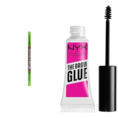Augenbrauen Make-Up Set NYX Professional Makeup Augenbrauenstift, Bis zu 16h wischfest, Blade & Shade Nano, Farbton: Ash Brown + NYX Professional Makeup Brow Glue, Instant Brow Styler, Transparent von NYX PROFESSIONAL MAKEUP