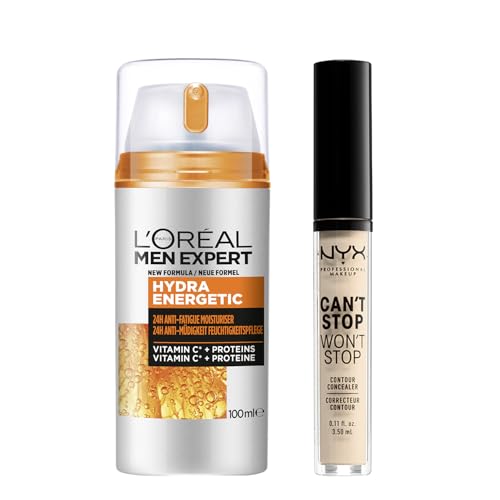 Bundle of NYX Professional Makeup Can't Stop Won't Stop Contour Concealer, 3,5 ml, Light Ivory 04 + L'Oréal Men Expert XXL Gesichtspflege gegen müde Haut für Männer, Hydra Energy, 1 x 100 ml von NYX PROFESSIONAL MAKEUP