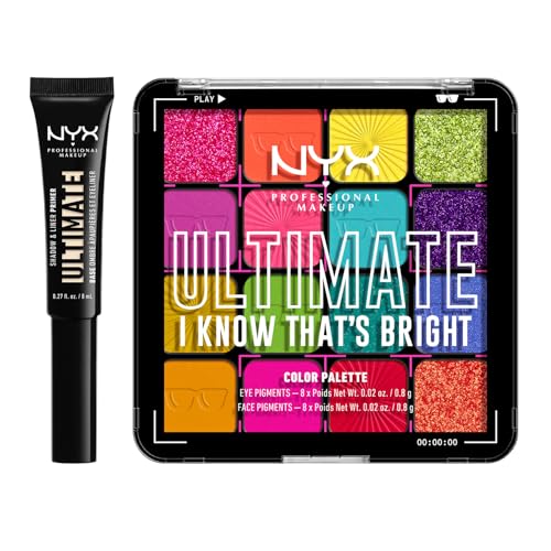 Bundle of NYX Professional Makeup Lidschattenpalette mit 16 Farbtönen, Ultimate Shadow, Farbton: Brights + NYX Professional Makeup Ultimate Shadow and Liner Primer, Farbton: Light von NYX PROFESSIONAL MAKEUP