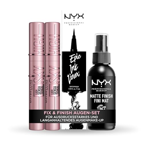 Fix und Finish Augen -Set: mit Maybelline Sky High Mascara Doppelpack, NYX Epic Ink Eye Liner und NYX Setting Spray - für ausdrucksstarkes und langanhaltendes Augenmake-up von NYX PROFESSIONAL MAKEUP