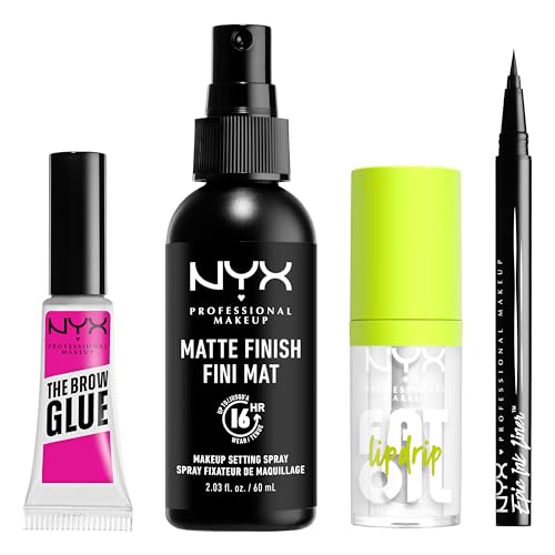 NYX Professional Makeup Bestseller-Set, Bestehend aus Brow Glue Augenbrauen-Gel, Matte Finish Setting-Spray, Fat Oil Lip Drip Lipgloss, Epic Ink Liner Eyeliner von NYX PROFESSIONAL MAKEUP