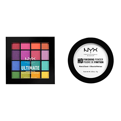 NYX Professional Makeup Ultimate Shadow Palette, Lidschattenpalette, 16 Farbtöne, Schimmernd und Metallisch, Farbton: Brights & High Definition Finishing Powder, Gepresstes Puder, Farbton: Translucent von NYX PROFESSIONAL MAKEUP