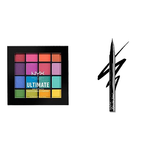 NYX Professional Makeup Ultimate Shadow Palette, Lidschattenpalette, 16 Farbtöne, Schimmernd und Metallisch, Individuelles Finish, Farbton: Brights & Epic Ink Eyeliner, Filzstift, wasserfest, schwarz von NYX PROFESSIONAL MAKEUP