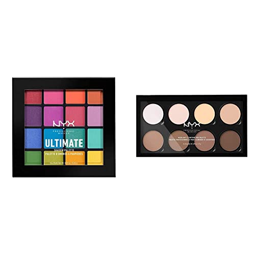 NYX Professional Makeup Ultimate Shadow Palette, Lidschattenpalette, 16 Farbtöne, Schimmernd und Metallisch, Individuelles Finish, Farbton:Brights & Highlight & Contour Pro Palette, Puder Konturen Kit von NYX PROFESSIONAL MAKEUP