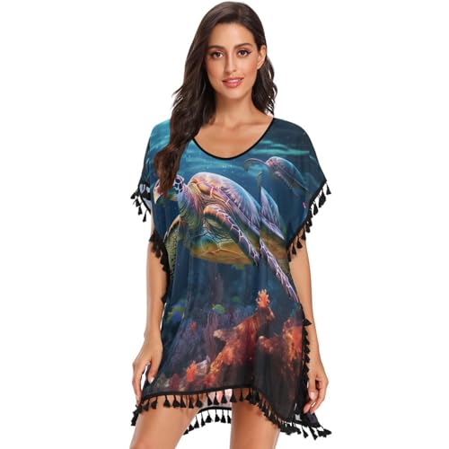 Meerestiere Schildkröten Damen Strandkleid Bikini Cover Up Sommer Chiffon Bademode Strand Vertuschen Shirt von NYYYTTTEU