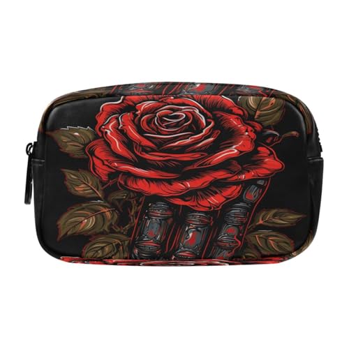 NYYYTTTEU Cooles Ledernes Rotes Rosen-Aquarell-Kunstwerk Federmäppchen Federtaschen Mäppchen Große Kapazität Schlamperbox Kosmetik Make-up Tasche für Jungen Mädchen Schule Schüler von NYYYTTTEU