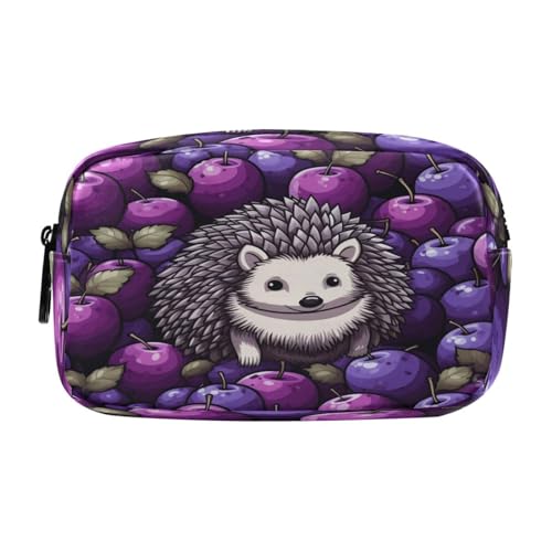 NYYYTTTEU Niedliches Igel-Lila-Früchte-Aquarell-Kunstwerk Federmäppchen Federtaschen Mäppchen Große Kapazität Schlamperbox Kosmetik Make-up Tasche für Jungen Mädchen Schule Schüler von NYYYTTTEU