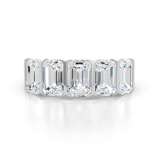 925 Sterling Silber 2.80Ct. Moissanit Lünettenfassung Smaragdschliff 6x4mm Fünf-Stein-Bandring mit Rhodinierung (55 (17.5)) von NYZA JEWELS