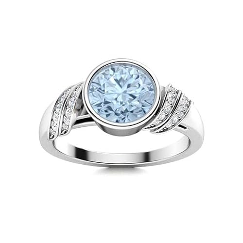 Aquamarine Bezel Set Round 6.00mm Ring | Sterling Silver 925 With White Rhodium Plated | Wedding, Engagement And Anniversary Collection (White, 55 (17.5)) von NYZA JEWELS
