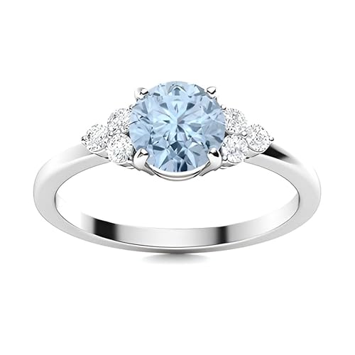 Aquamarine Round 6.00mm Ring With Side Stone | Sterling Silver 925 With Rhodium Plated | Beautiful Evergreen Design Ring For Girls And Woman's (White, 55 (17.5)) von NYZA JEWELS