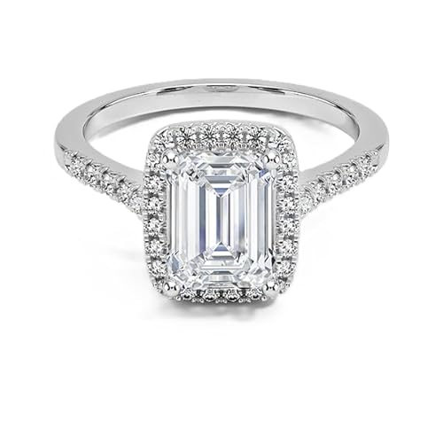 GRA-zertifizierter Moissanit-Halo-Ring im Smaragdschliff, 8x6mm | Sterling Silber 925 mit Rhodiumbeschichtung | Hochzeits, Jubiläums und Verlobungsring (68 (21.6)) von NYZA JEWELS