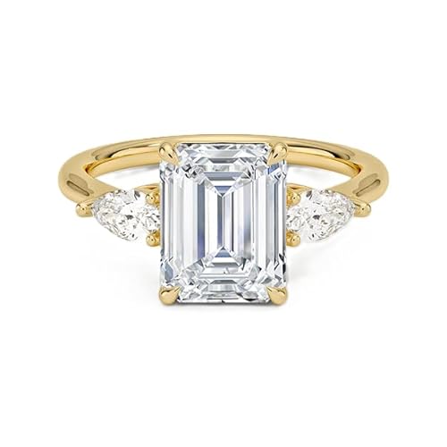 GRA zertifizierter Moissanit-Ring mit Smaragdschliff 9x7mm mit drei Steinen | Sterling-Silber 925 mit Gelbgold plattiert | Hochzeits, Jubiläums und Verlobungsring (68 (21.6)) von NYZA JEWELS