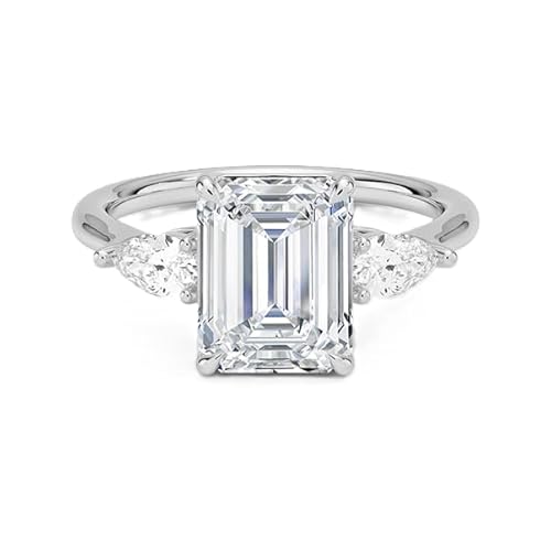 GRA zertifizierter Moissanit-Ring mit Smaragdschliff 9x7mm mit drei Steinen | Sterling-Silber 925 mit Rhodiumbeschichtung | Hochzeits, Jubiläums und Verlobungsring (52) von NYZA JEWELS