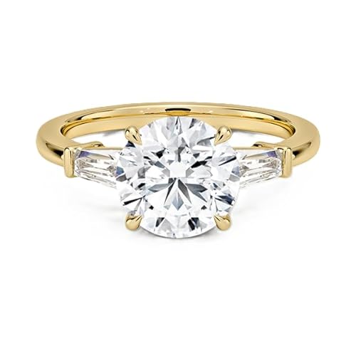GRA-zertifizierter Moissanit-Ring mit drei Steinen, rund, 8,00 mm | Sterling-Silber 925 mit Gelbgold plattiert | Hochzeits, Jubiläums und Verlobungsring. (50 (15.9)) von NYZA JEWELS