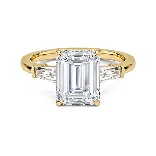 GRA-zertifizierter Moissanit-Ring mit drei Steinen im Smaragdschliff 9x7mm | Sterling-Silber 925 mit Gelbgold plattiert | Hochzeits, Jubiläums und Verlobungsring. (62 (19.7)) von NYZA JEWELS