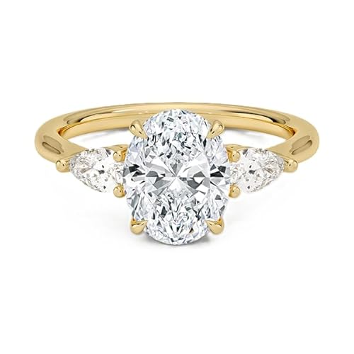 GRA zertifizierter ovaler Moissanit Ring mit drei Steinen, 9x7mm | Sterling Silber 925 mit Gelbgold plattiert | Hochzeits, Jubiläums und Verlobungsring (57 (18.1)) von NYZA JEWELS
