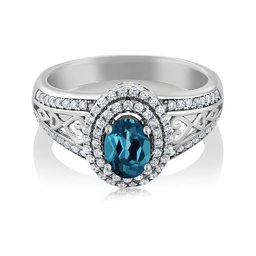 London Blue Topaz Oval 6x4mm Vintage Ring With Side Accents | Sterling Silver 925 With Rhodium Plated | Wedding, Anniversary And Engagement Collection (White, 57 (18.1)) von NYZA JEWELS