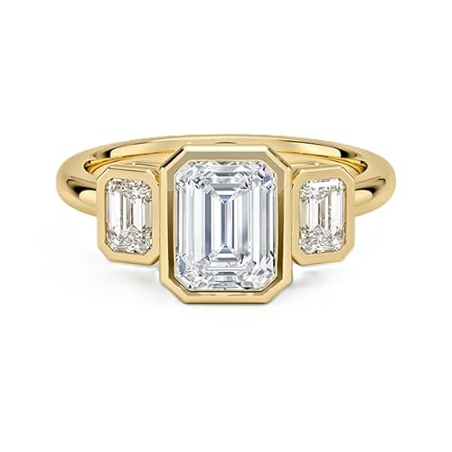 Moissanit Ring im Smaragdschliff 9x7 mm mit drei Steinen | Sterling Silber 925 mit Gelbgold plattiert | Hochzeits, Jubiläums und Verlobungsring (68 (21.6)) von NYZA JEWELS