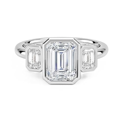 Moissanit Ring im Smaragdschliff 9x7 mm mit drei Steinen | Sterling Silber 925 mit Rhodiumbeschichtung | Hochzeits, Jubiläums und Verlobungsring (61) von NYZA JEWELS