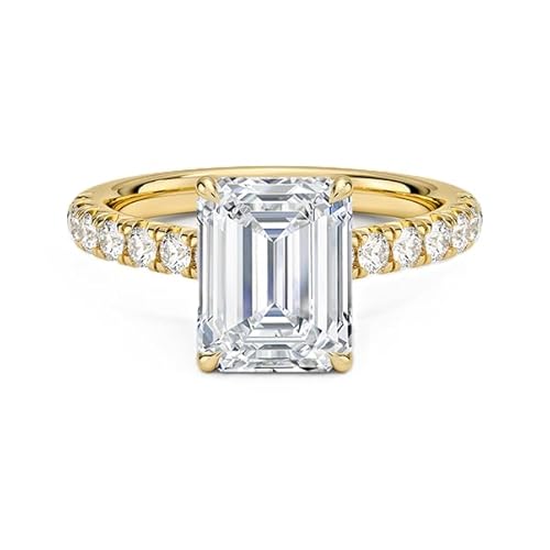 Moissanit Ring im Smaragdschliff 9x7mm mit Seitenstein | Sterling Silber 925 mit Gelbgold plattiert | Hochzeits, Jubiläums und Verlobungsring (65) von NYZA JEWELS
