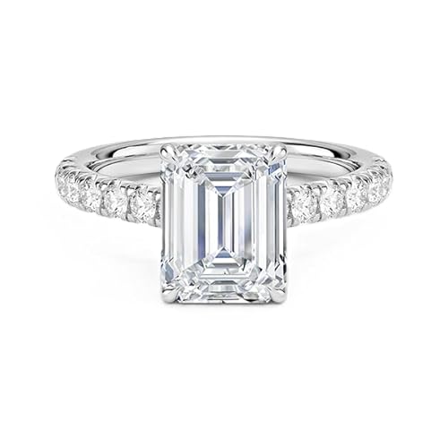 Moissanit Ring im Smaragdschliff 9x7mm mit Seitenstein | Sterling Silber 925 mit Rhodiumbeschichtung | Hochzeits, Jubiläums und Verlobungsring (63 (20.1)) von NYZA JEWELS