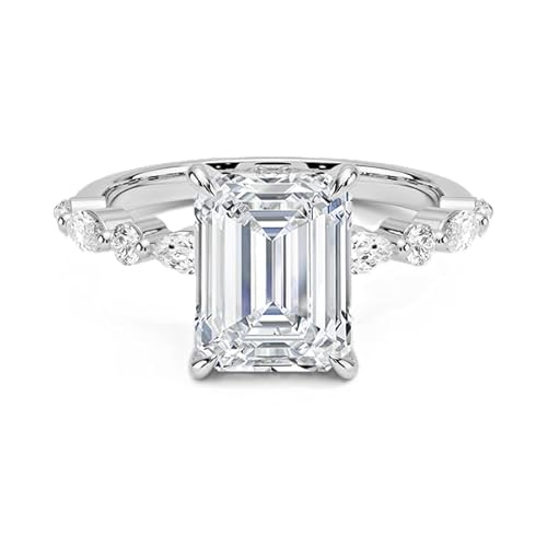 Moissanit Ring im Smaragdschliff 9x7mm mit Seitenstein | Sterling Silber 925 mit Rhodiumbeschichtung | Wunderschöner Moissanit Verlobungsring (67 (21.3)) von NYZA JEWELS