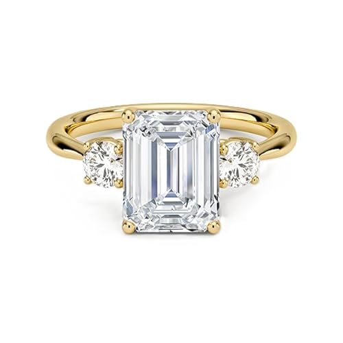 Moissanit Ring mit drei Steinen im Smaragdschliff 9x7mm | Sterling Silber 925 mit Gelbgold plattiert | Wunderschöner Moissanit Verlobungsring mit drei Steinen (65) von NYZA JEWELS