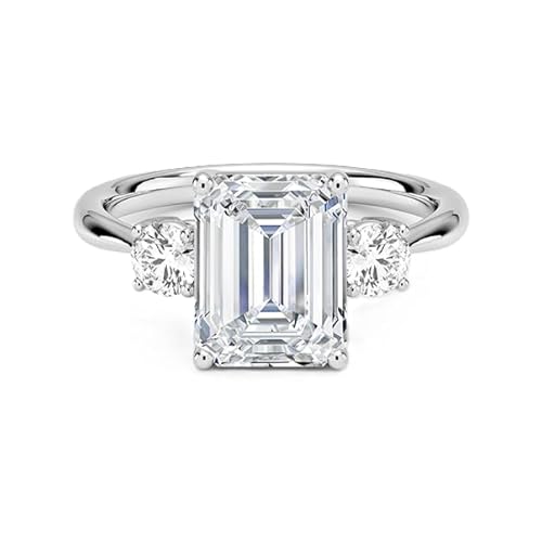 Moissanit Ring mit drei Steinen im Smaragdschliff 9x7mm | Sterling Silber 925 mit Rhodiumbeschichtung | Wunderschöner Moissanit Verlobungsring mit drei Steinen (63 (20.1)) von NYZA JEWELS
