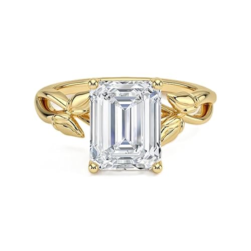 NYZA JEWELS GRA zertifizierter Moissanit Smaragdschliff Solitärring mit Blattschliff 9x7mm | Sterlingsilber 925 mit Gelbgold plattiert | Hochzeits, Jubiläums und Verlobungsring (68 (21.6)) von NYZA JEWELS