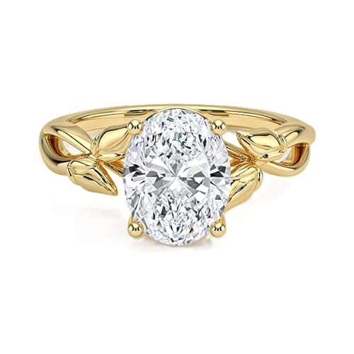 NYZA JEWELS GRA zertifizierter ovaler Moissanit Solitärring mit Blattschliff 9x7mm | Sterlingsilber 925 mit Gelbgold plattiert | Hochzeits, Jubiläums und Verlobungsring (57 (18.1)) von NYZA JEWELS