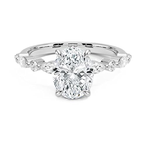 Ovaler Moissanit Ring mit 9x7mm Seitenstein | Sterling Silber 925 mit Rhodiumbeschichtung | Wunderschöner Moissanit Verlobungsring (58 (18.5)) von NYZA JEWELS