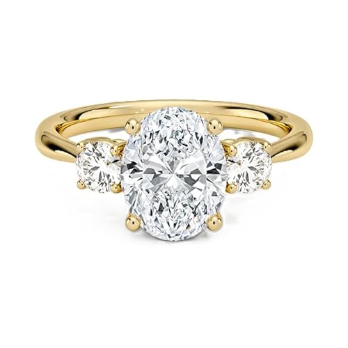 Ovaler Moissanit Ring mit drei Steinen 9x7mm | Sterling Silber 925 mit Gelbgold plattiert | Wunderschöner Moissanit Verlobungsring mit drei Steinen (68 (21.6)) von NYZA JEWELS