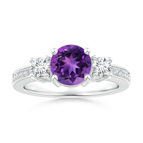 Runder Amethyst Ring 6,00mm mit drei Steinen und natürlichen Akzenten | Sterling Silber 925 mit Rhodinierung | Hochzeits, Jubiläums Und Verlobungsring (62 (19.7)) von NYZA JEWELS