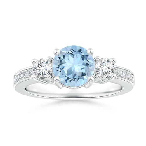 Runder Aquamarin Ring 6,00mm mit drei Steinen und natürlichen Akzenten | Sterling Silber 925 mit Rhodinierung | Hochzeits, Jubiläums Und Verlobungsring (50 (15.9)) von NYZA JEWELS