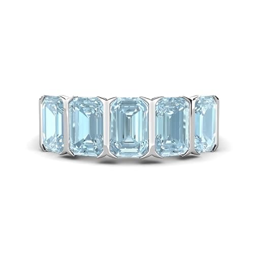 Sterling Silber 925 Aquamarin Lünettenfassung Smaragdschliff 6x4mm Fünf-Stein-Bandring mit Rhodinierung (61) von NYZA JEWELS