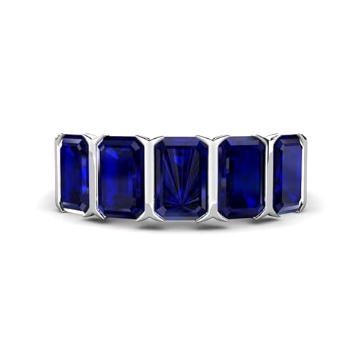 Sterling Silber 925 Blauer Saphir Lünettenfassung Smaragdschliff 6x4mm Fünf-Stein-Bandring mit Rhodinierung (67 (21.3)) von NYZA JEWELS