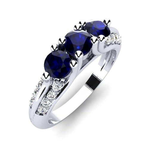 Sterling Silber 925 Blauer Saphir Runder 4,00mm drei Steine mit Rhodiumbeschichtung | Wunderschöner immergrüner Ring mit drei Steinen für alltägliche Accessoires (62 (19.7)) von NYZA JEWELS