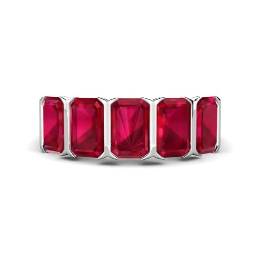 Sterling Silber 925 Rubin Lünettenfassung Smaragdschliff 6x4mm Fünf-Stein-Bandring mit Rhodinierung (50 (15.9)) von NYZA JEWELS