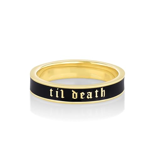 Sterling Silber 925 Till Death Promise Band Ring | Gelbgold plattiert mit schwarzem Emaille | 4MM Breite (50 (15.9)) von NYZA JEWELS