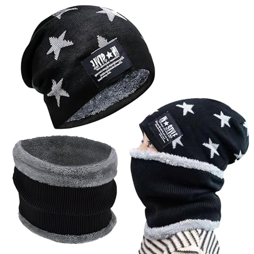 NYZQIW 2 Pcs Kinder Wintermütze,Kinder Winter Warm Beanie Mütze,Kinder Winter Mütze Loop Schal,Strickmütze Winterschal Thermo,Kinder Winter Pompom Mütze Loop Schal,Beanie Mütze Und Schlauchschal Set von NYZQIW