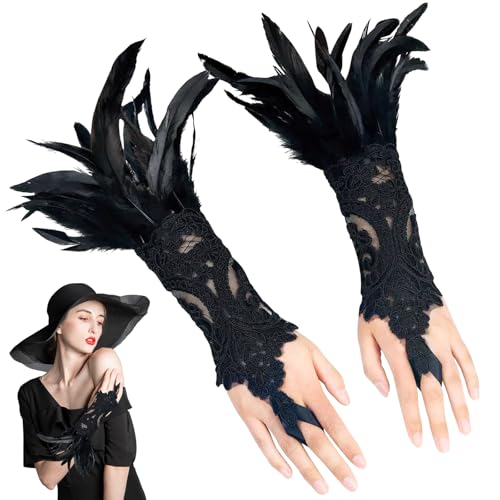 NYZQIW Damen Schwarz Feder Spitze Fingerlose Lange Handschuhe Lange Handschuhe Damen Spitze, Handschuhe 20er Jahre mit Federn, Fingerlose Handschuhe Karneval,Für Cosplay Party von NYZQIW