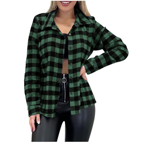 NZDFH Angebote Trachtenbluse Kariertes Hemd Damen Flanellhemd Baumwolle Karierte Bluse Trachtenbluse Kariert Hemdjacke Langarm Bluse Oktoberfest Casual Hemdbluse Oberteile für Herbst Grün L von NZDFH