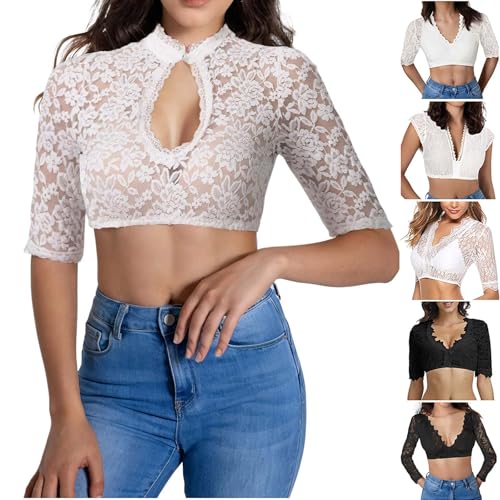 NZDFH Dirndl Bluse Damen Schwarz Dirndlbluse Spitze Weiß Trachtenbluse Kurzarm V Ausschnitt Trachtenblusen Dirndl-Bluse Langarm Oktoberfest Outfit Weiß S von NZDFH