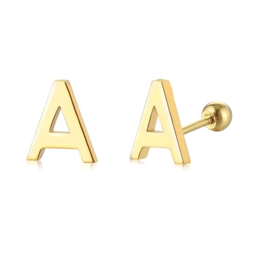 18G Tiny Initial Stud Earrings for Women Girls Sterling SilverSilver 14K Plated Hypoallergenic Cute Small Alphabet Letter Cartilage Tragus 3mm Ball Screw Back Piercing Sensitive Ear von NZVCQVPU