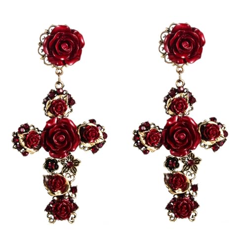 Barock Rose Blumenkreuz Ohrringe Romantische Blume Dangle Ohrring rot 3d Cross Rose Blume Charm Schmuck Schmuck von NZVCQVPU