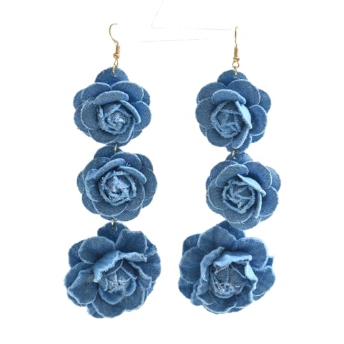 Blaue Stoff Blume Dangle Ohrringe, Quasten -Stoff Ohranhänger, Frauenblöckenohrringe von NZVCQVPU